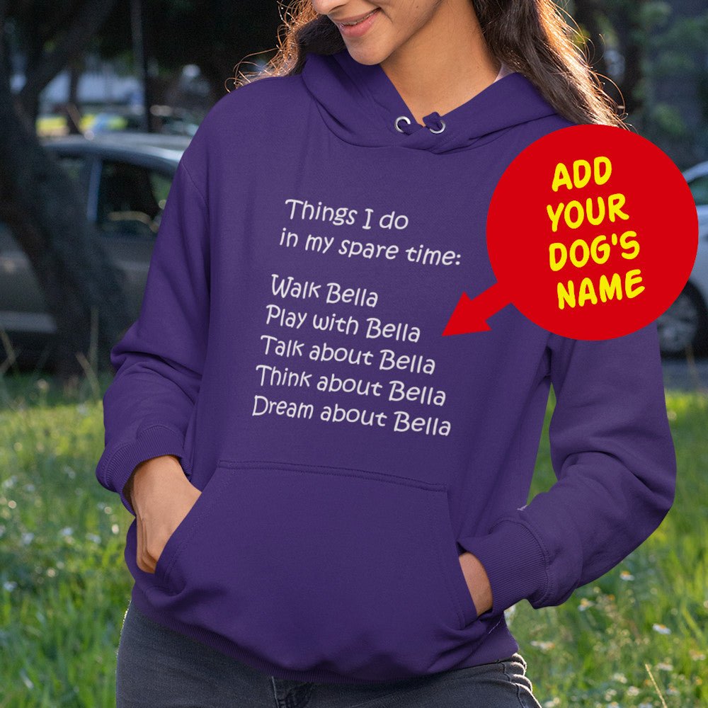 Funny Pullover Hoodie Personalized With Your Dog's Name & Things I Do In Spare Time Purple S - Barky Things