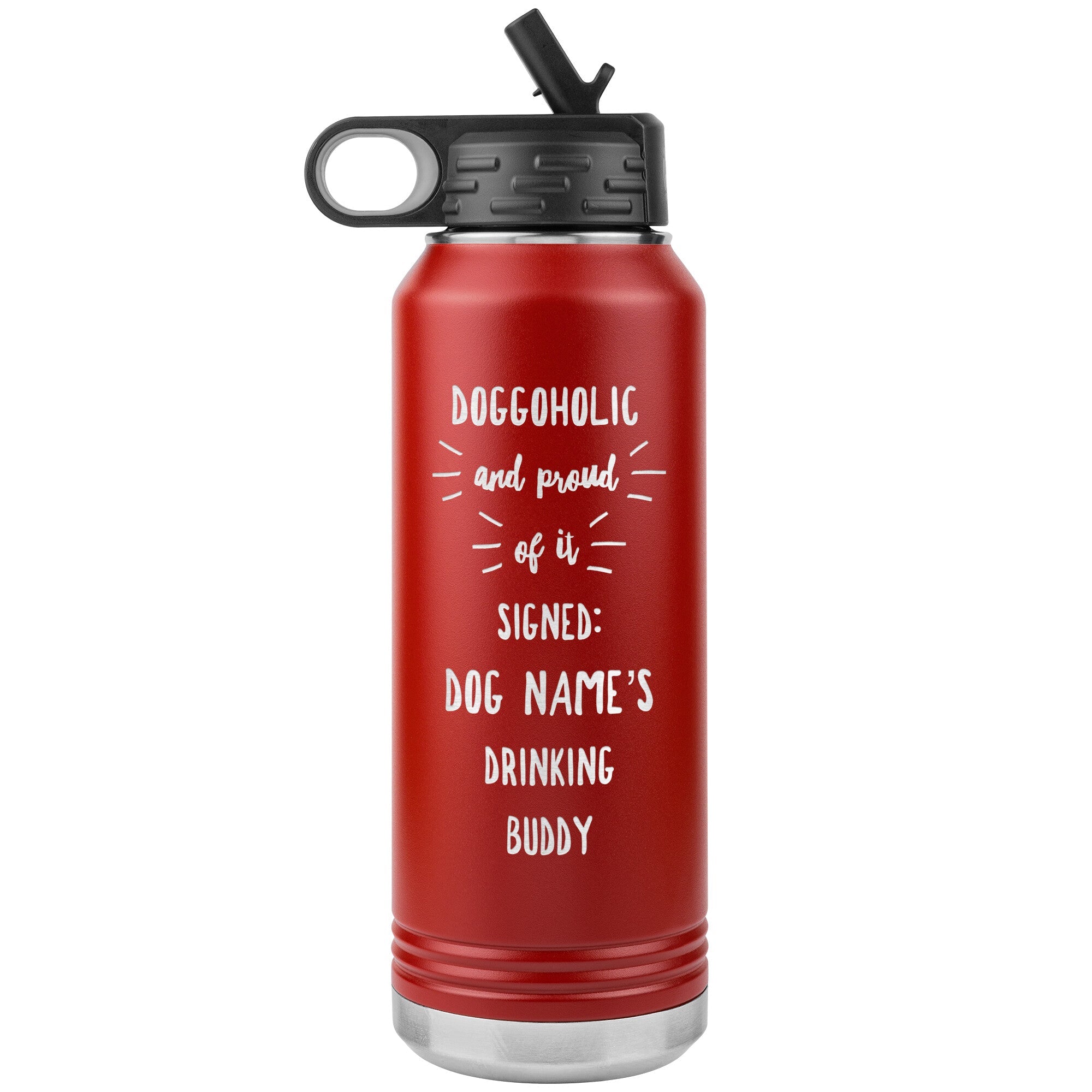 Personalized Dog Themed Stainless Steel 32 Oz Water Bottle Travel Tumbler Doggoholic Red - Barky Things