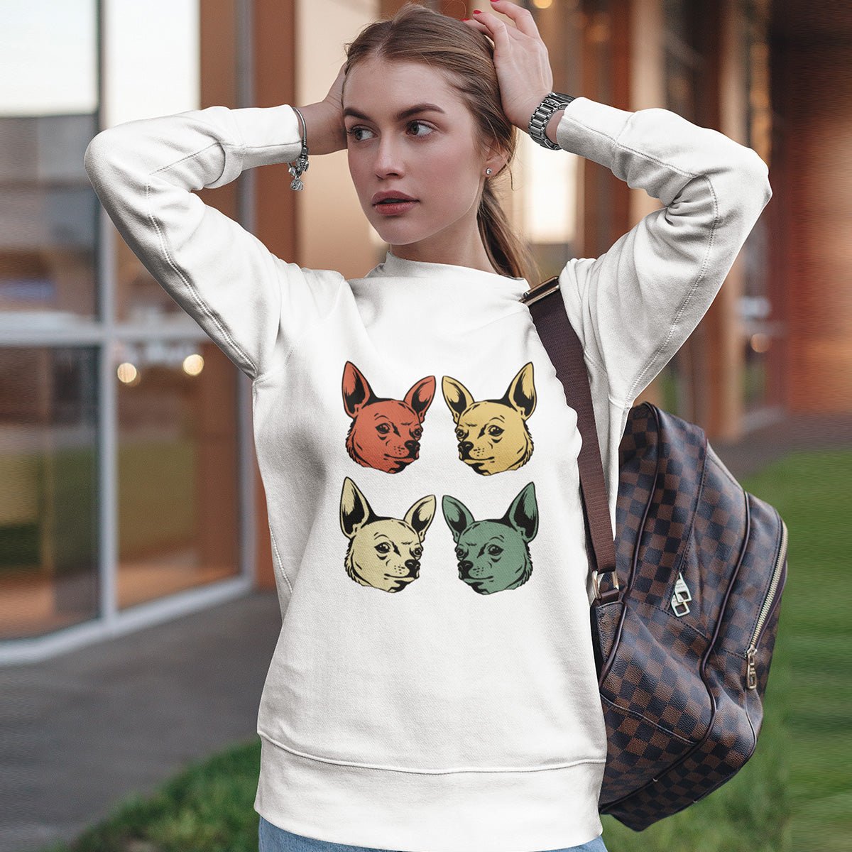 Pullover Crewneck Sweatshirt Chihuahua Faces Retro Colors White S - Barky Things