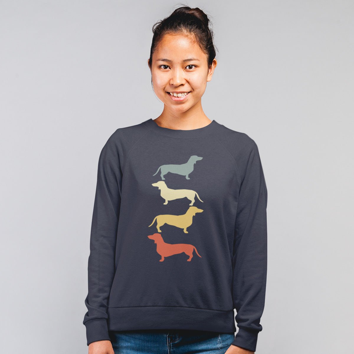 Pullover Crewneck Sweatshirt For Kids With Four Dachshunds Retro Colors Youth Crewneck Sweatshirt Navy XS - Barky Things