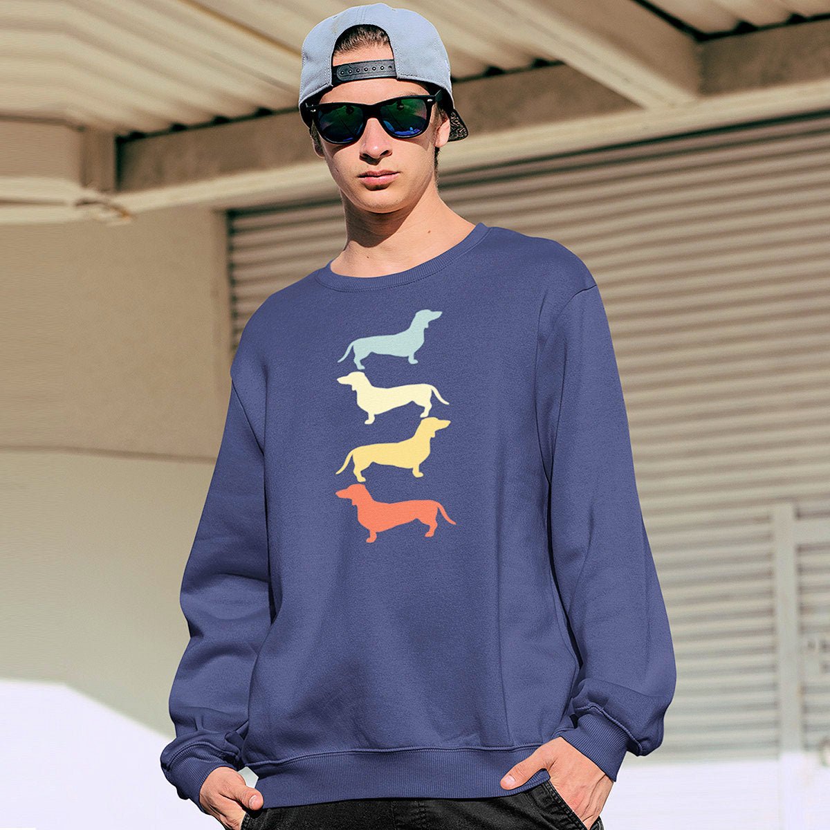 Pullover Crewneck Sweatshirt Four Dachshunds Retro Colors Crewneck Sweatshirt Navy S - Barky Things