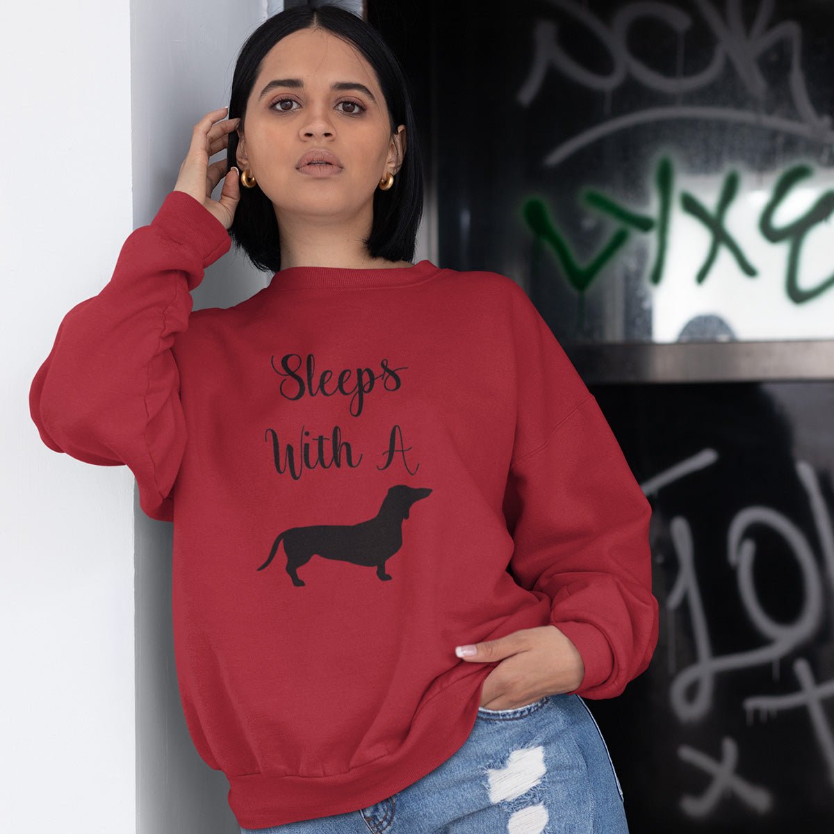 Pullover Crewneck Sweatshirt Sleeps With A Dachshund Crewneck Sweatshirt Red S - Barky Things