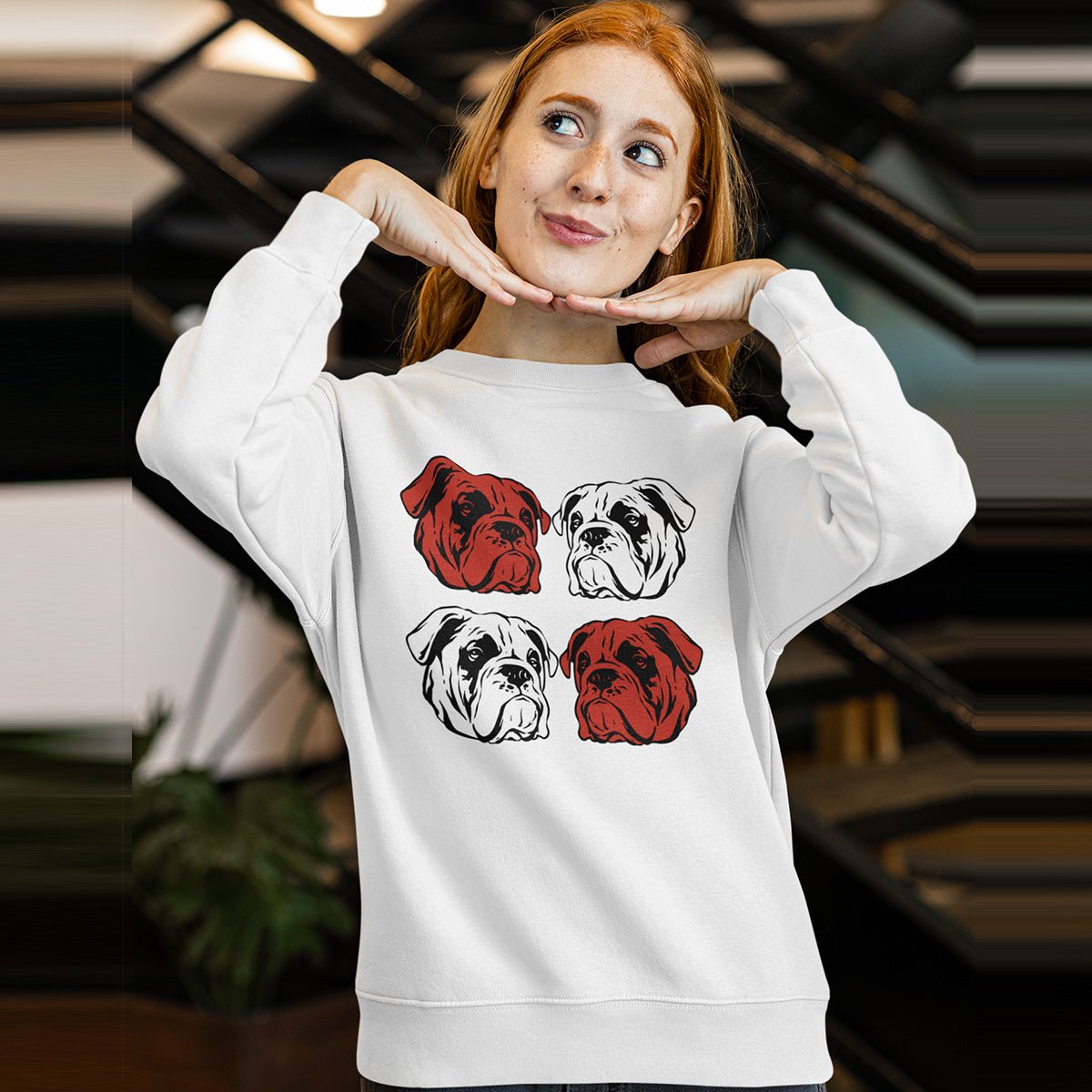 Pullover Crewneck Sweatshirt With Red And Black Bulldog Faces White S - Barky Things