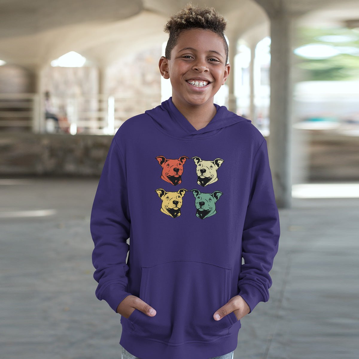 Pullover Hoodie For Kids With Pitbull Faces Retro Colors Youth Hoodie Purple XS - Barky Things