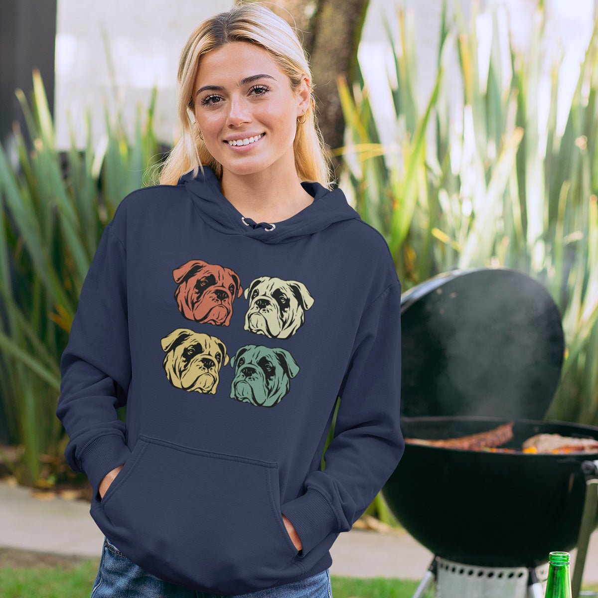 Pullover Hoodie With Four Bulldog Faces Retro Colors Unisex Hoodie Navy S - Barky Things